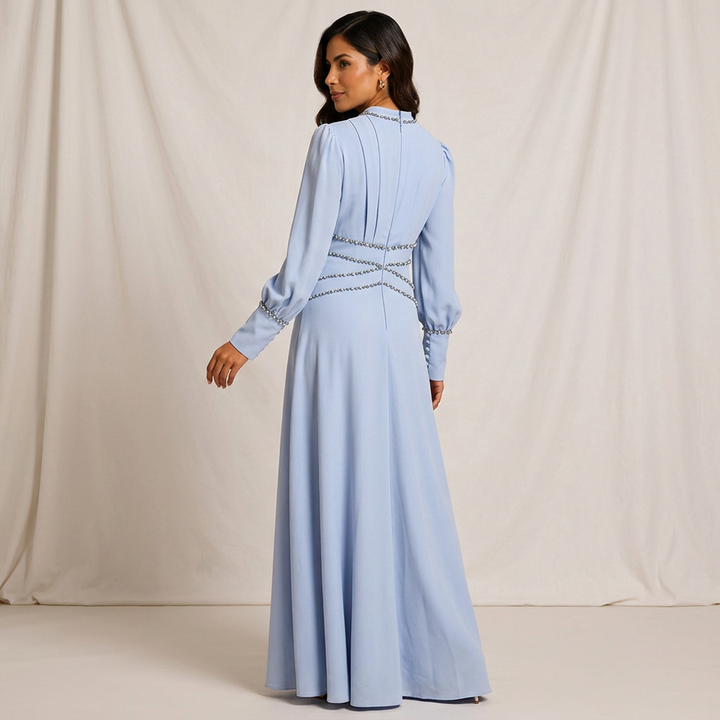 Light Blue Beaded High-Neck Long Sleeve Maxi Evening Gown