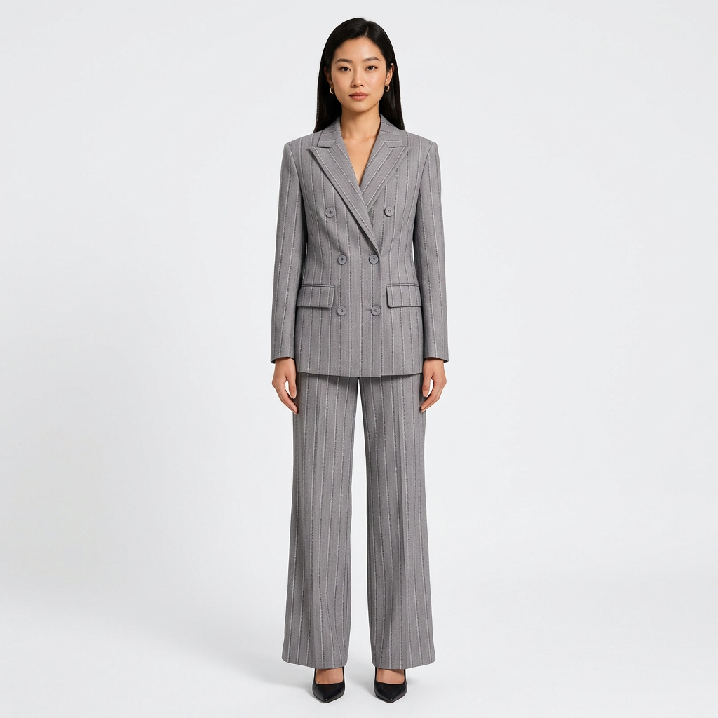 Grey Sequin Pinstripe Double-Breasted Blazer &amp; Wide Leg Pants Suit Set