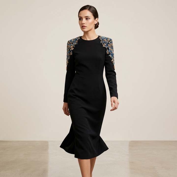 Black Beaded Shoulder Midi Dress for Cocktail Parties and Elegant Evening Events Women