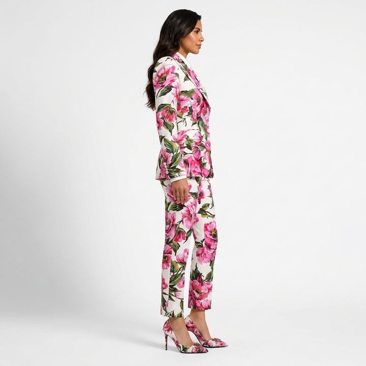 Floral Print One-Button Blazer and Straight Leg Pants Set for Friday Night Vibes Women