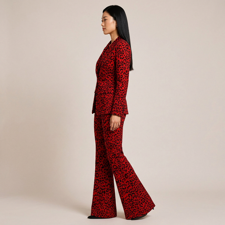 Leopard Print One-Button Blazer and Flared Pants Set for Friday Night Vibes Women