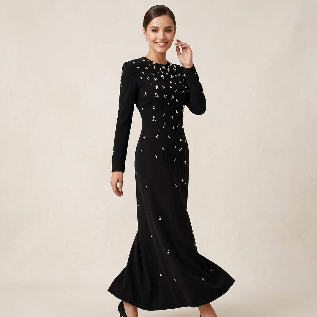 Beaded Rhinestone Maxi Gown for Black Tie Elegance and Evening Glamour Women