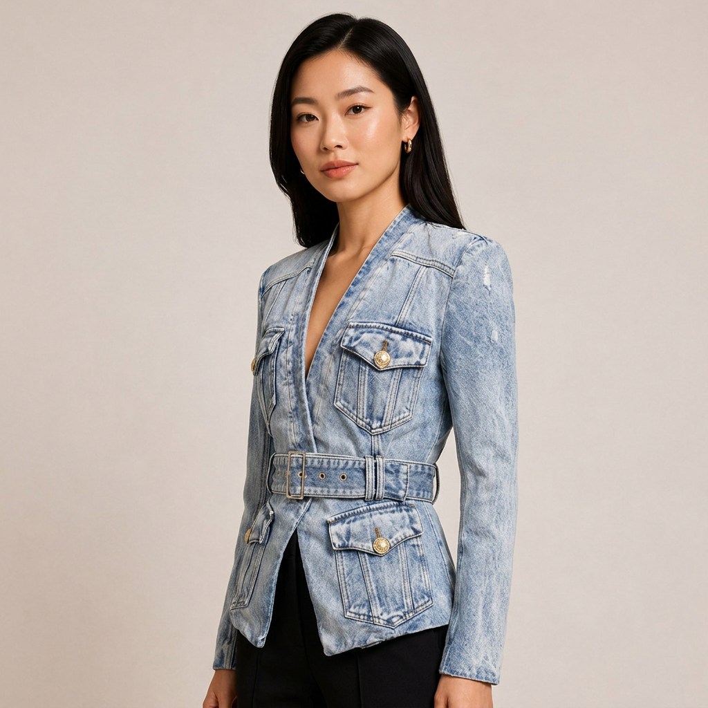 Belted Washed Denim Blazer for Friday Night Vibes and Elevated Casual Style Women