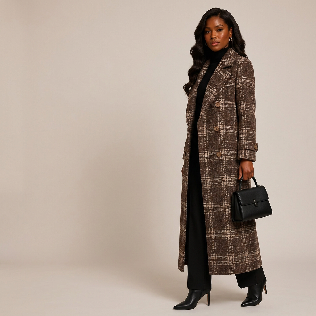 Plaid Oversized Double-Breasted Long Wool-Blend Coat