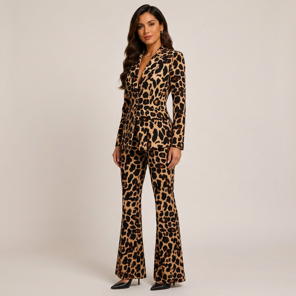 Leopard Print One-Button Blazer and Flared Pants Set for Friday Night Vibes Women