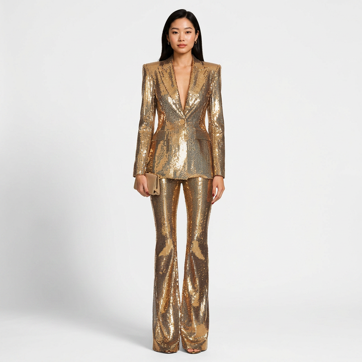 Gold Sequin Blazer and Wide Leg Pants Set for Gala Evenings and Luxe Party Glamour Women
