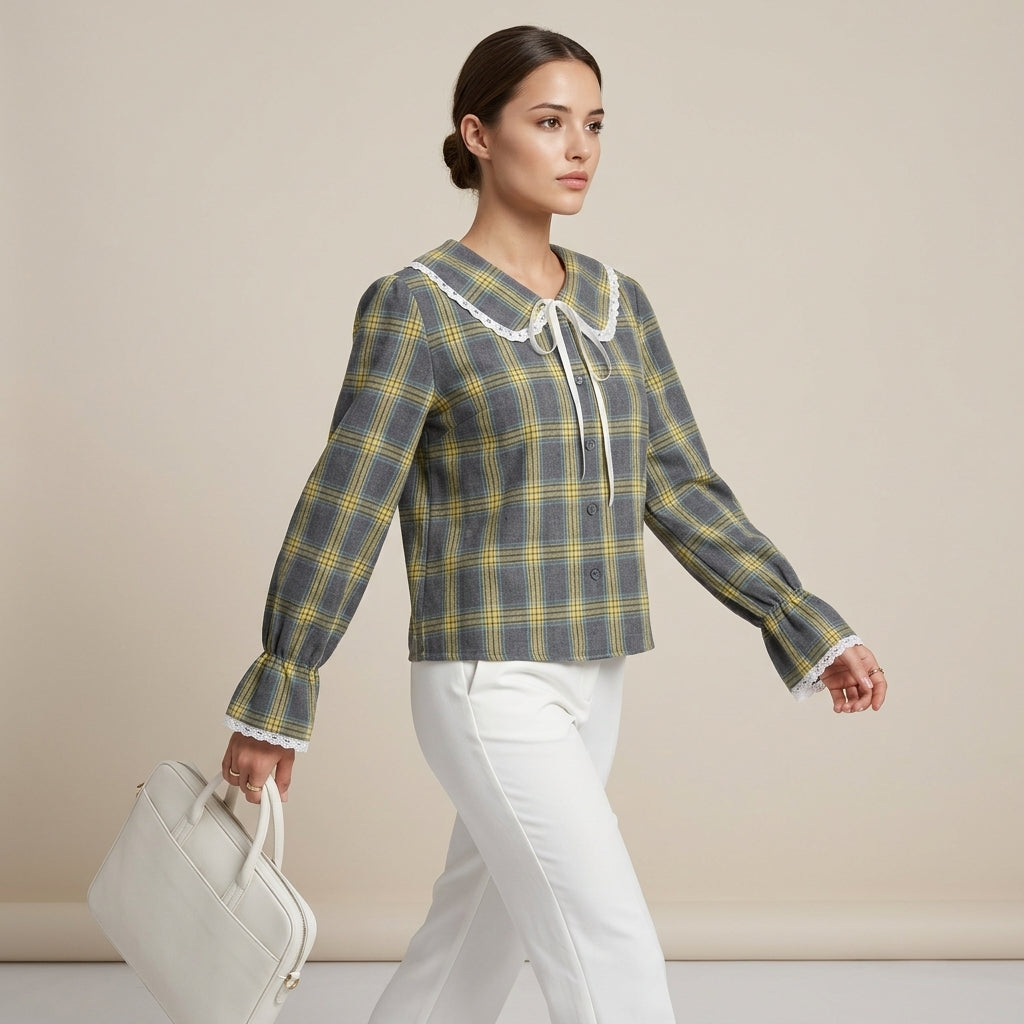 Women’s Plaid Lace Trim Bow-Tie Long Sleeve Shirt-Vyana Collective