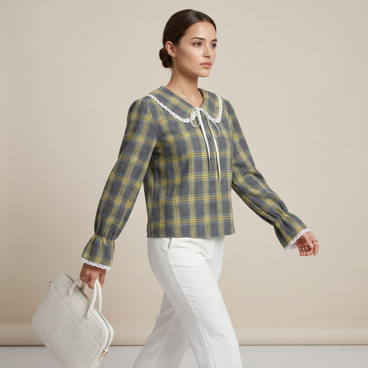 Women’s Plaid Lace Trim Bow-Tie Long Sleeve Shirt-Vyana Collective