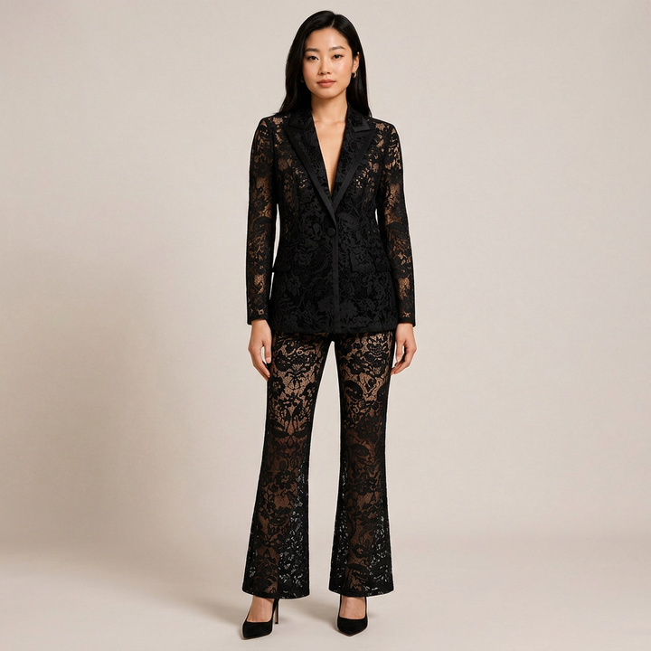 Embroidered Sequin Mesh Blazer and Wide Leg Pants Set for Gala Evenings and Luxury Events Women
