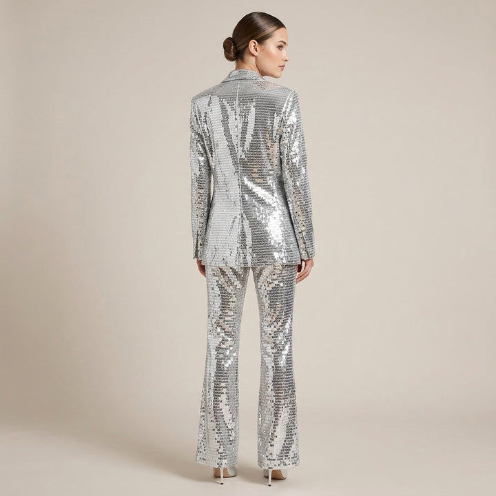 Silver Sequin Blazer and Wide Leg Pants Set for Gala Nights and Statement Glamour Women