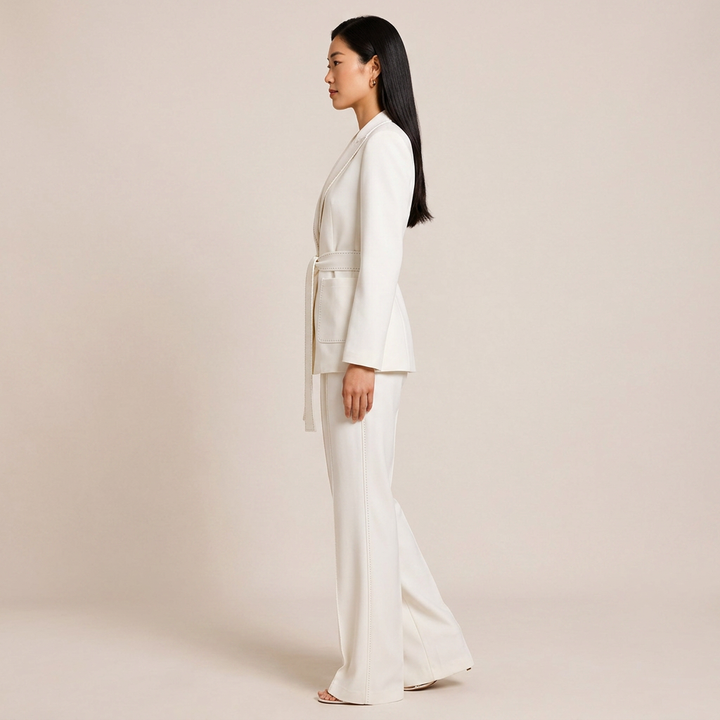 Belted Tailored Blazer and Wide Leg Pants Set with Contrast Stitching for Meetings Ready and Executive Elegance Women