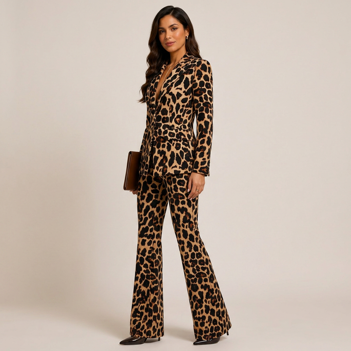Leopard Print One-Button Blazer and Flared Pants Set for Friday Night Vibes Women