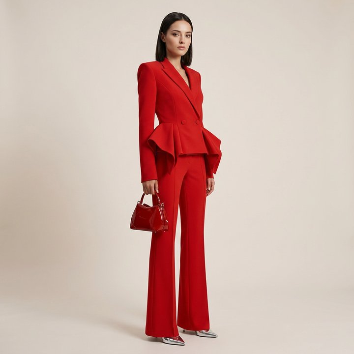 Ruffle Sleeve Tailored Blazer and Slightly Flared Pants Suit Set for Meetings Ready and Statement Elegance Women