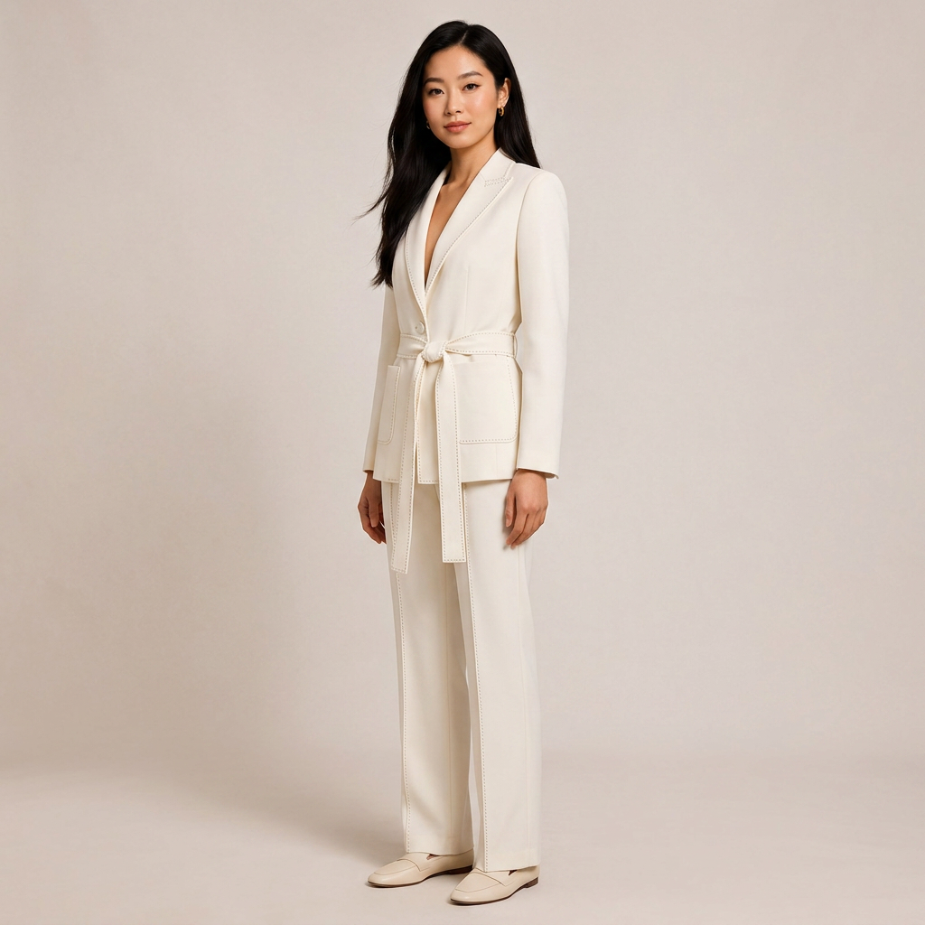 Belted Tailored Blazer and Wide Leg Pants Set with Contrast Stitching for Meetings Ready and Executive Elegance Women