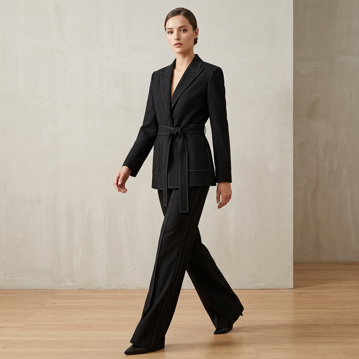 Belted Tailored Blazer and Wide Leg Pants Set with Contrast Stitching for Meetings Ready and Executive Elegance Women