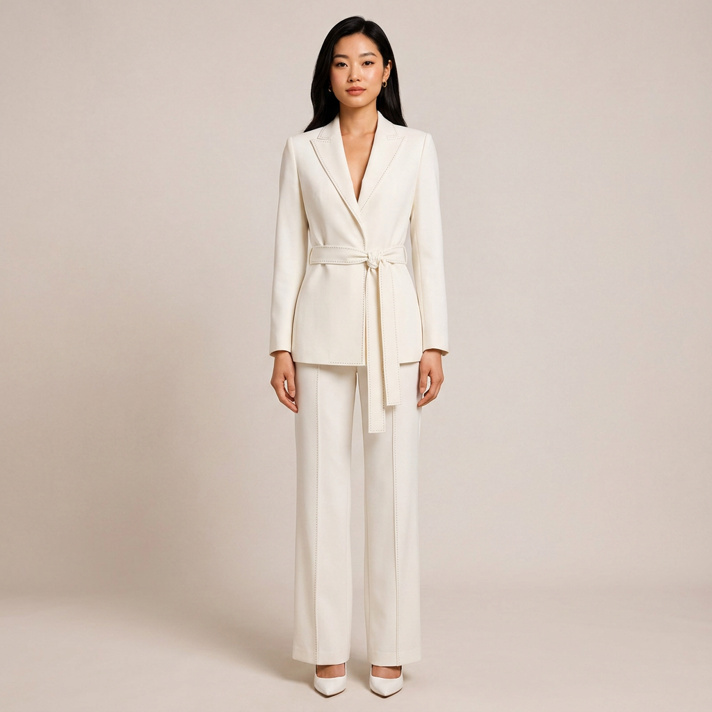 Belted Tailored Blazer and Wide Leg Pants Set with Contrast Stitching for Meetings Ready and Executive Elegance Women