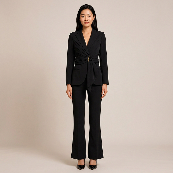 Wrap Waist Tailored Blazer and Flared Pants Suit Set for Meetings Ready and Modern Executive Style Women