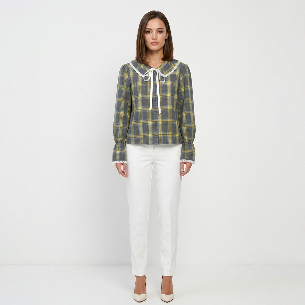 Women’s Plaid Lace Trim Bow-Tie Long Sleeve Shirt-Vyana Collective