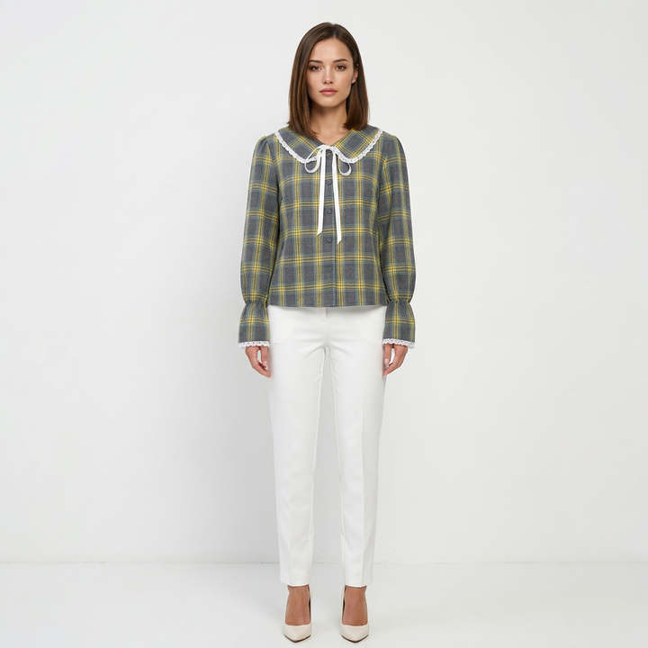 Women’s Plaid Lace Trim Bow-Tie Long Sleeve Shirt-Vyana Collective