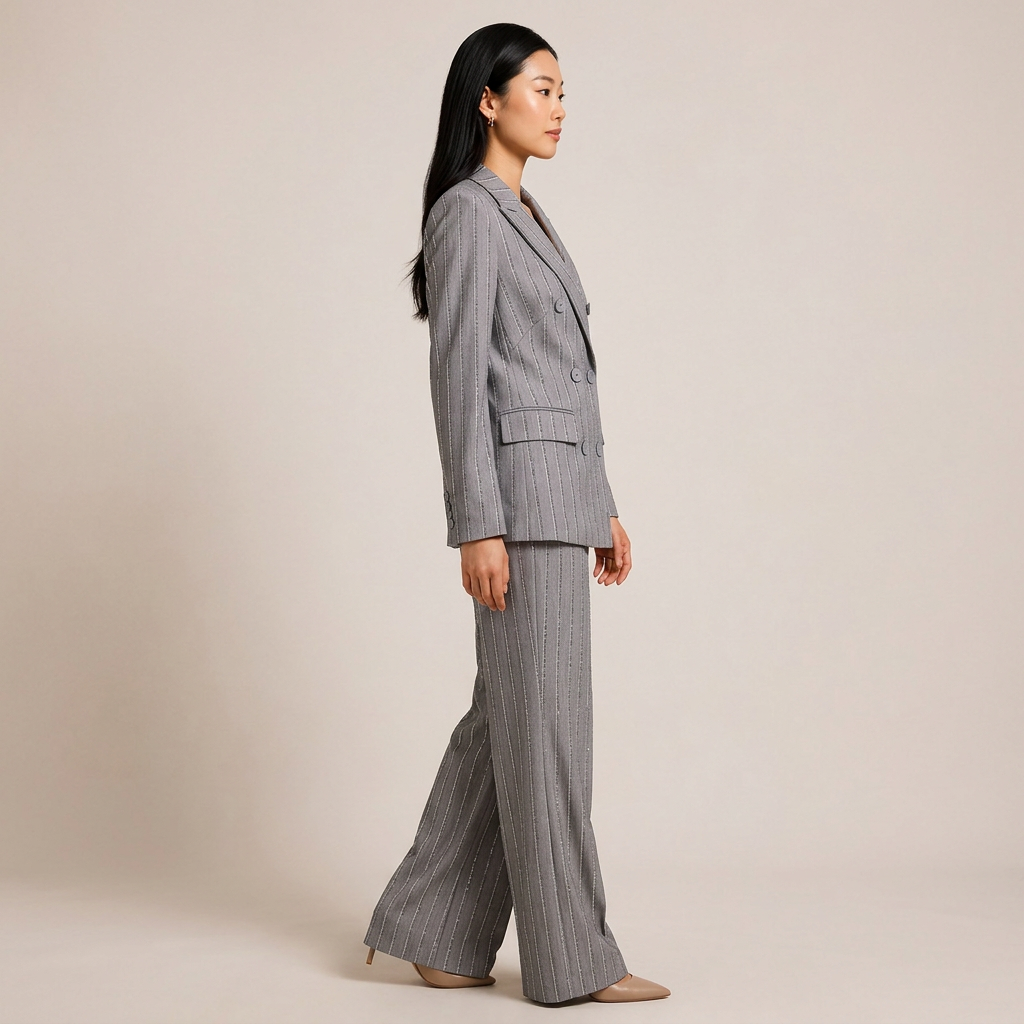 Grey Sequin Pinstripe Double-Breasted Blazer &amp; Wide Leg Pants Suit Set