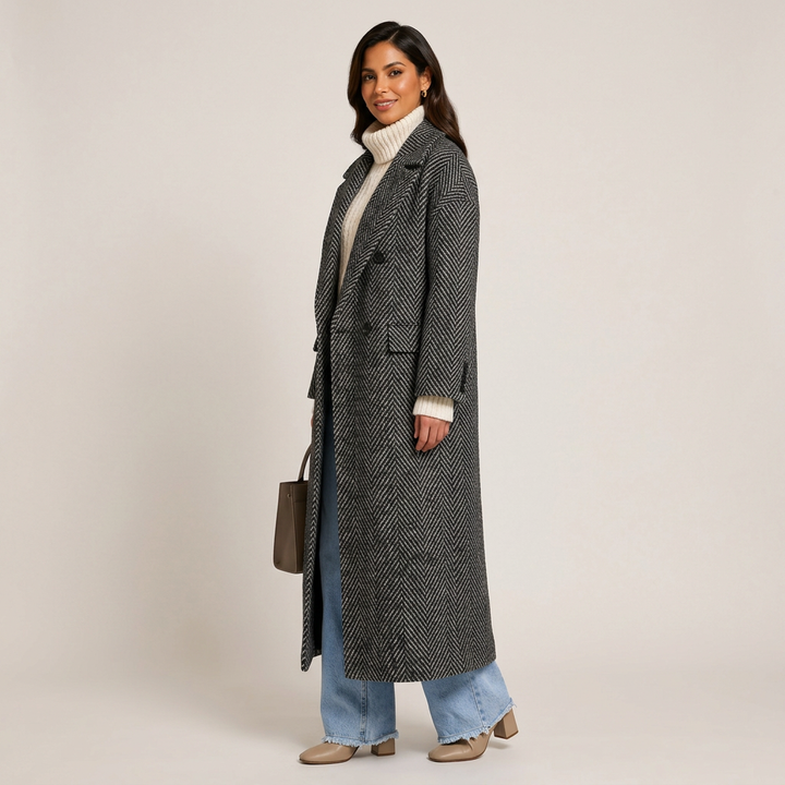 Black Herringbone Oversized Double-Breasted Long Wool-Blend Coat
