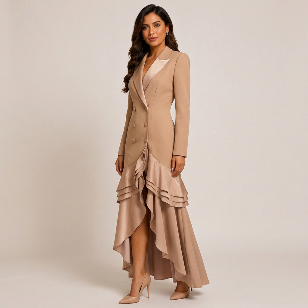 Khaki Satin Ruffle Double-Breasted Blazer Maxi Evening Gown