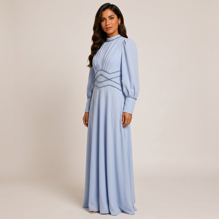 Light Blue Beaded High-Neck Long Sleeve Maxi Evening Gown