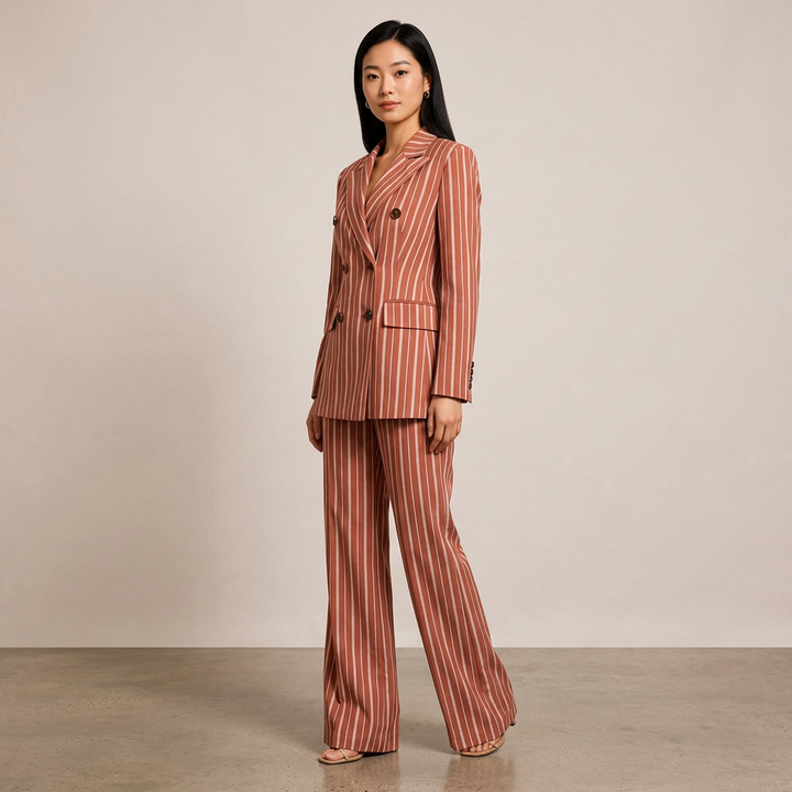 Striped Double Breasted Blazer and Wide Leg Pants Set for Meetings Ready Women