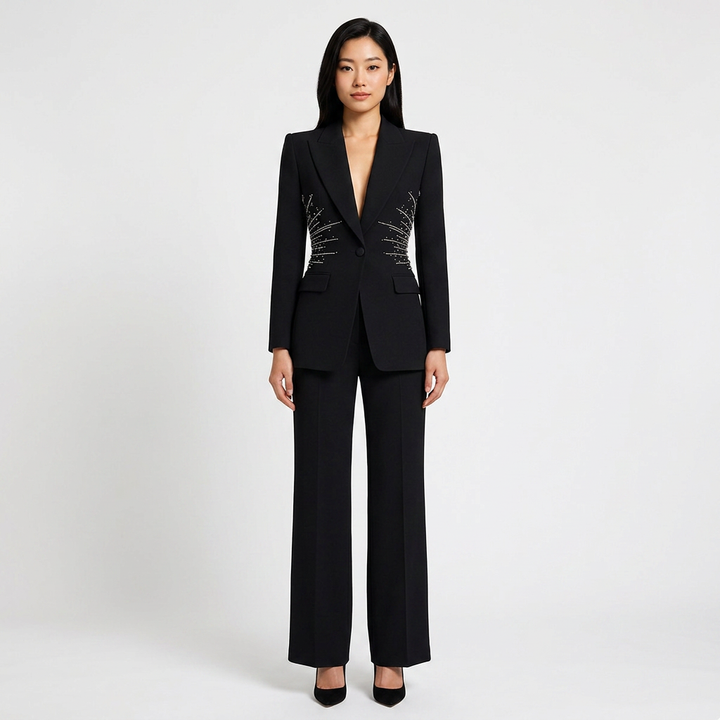 Sparkling Rhinestone Waist Blazer and Wide Leg Pants Set for Friday Night Vibes Women-Vyana Collective