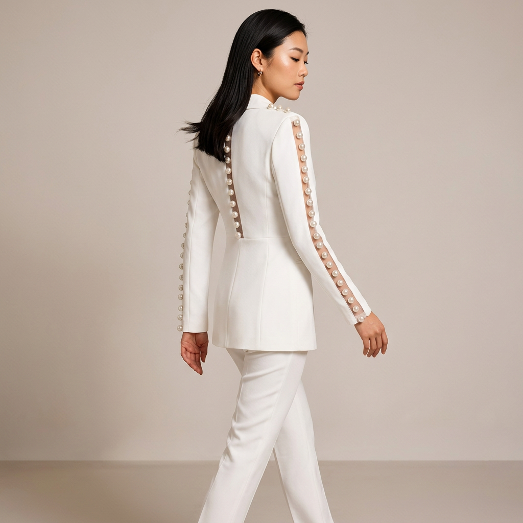 White Pearl Sleeve Blazer and Wide Leg Pants Set for Meetings and Executive Elegance Women