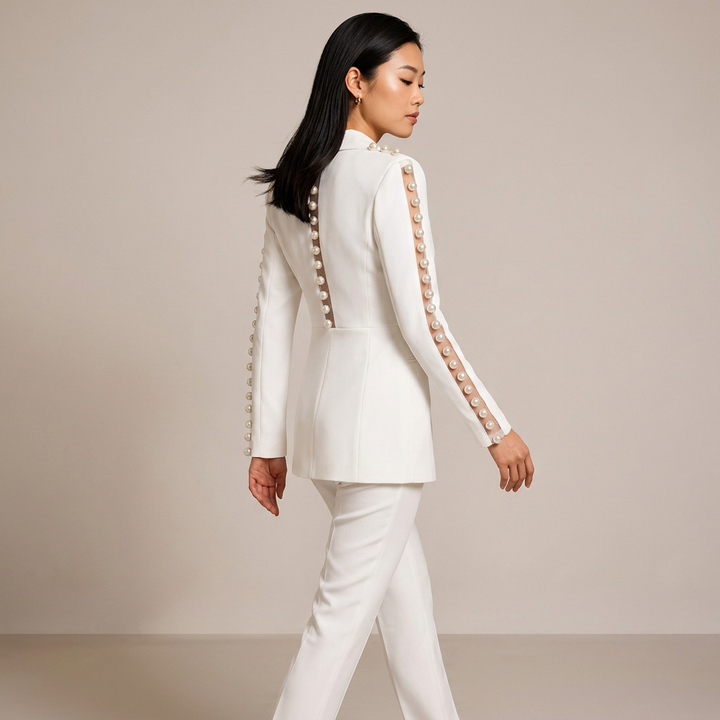 White Pearl Sleeve Blazer and Wide Leg Pants Set for Meetings and Executive Elegance Women