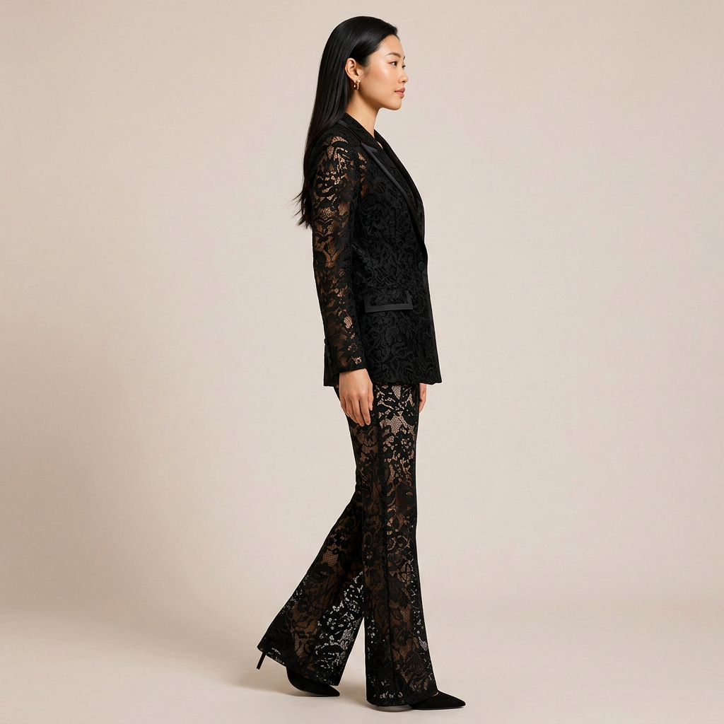 Embroidered Sequin Mesh Blazer and Wide Leg Pants Set for Gala Evenings and Luxury Events Women