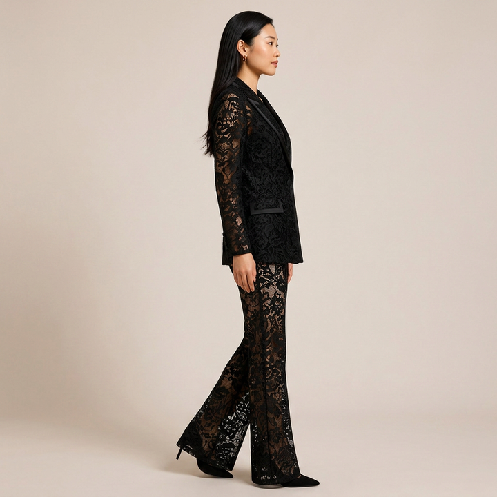 Embroidered Sequin Mesh Blazer and Wide Leg Pants Set for Gala Evenings and Luxury Events Women