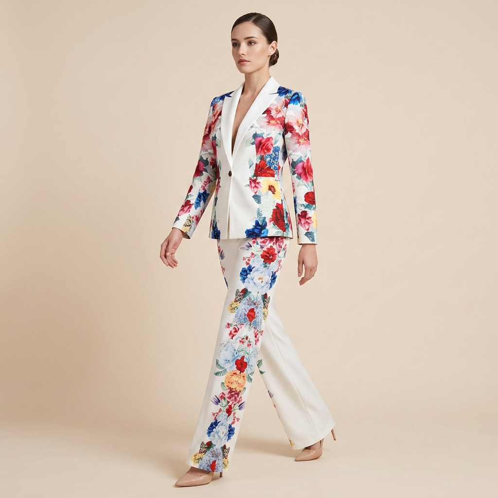 Floral Print Blazer and Wide Leg Pants Suit Set for Office Style Women