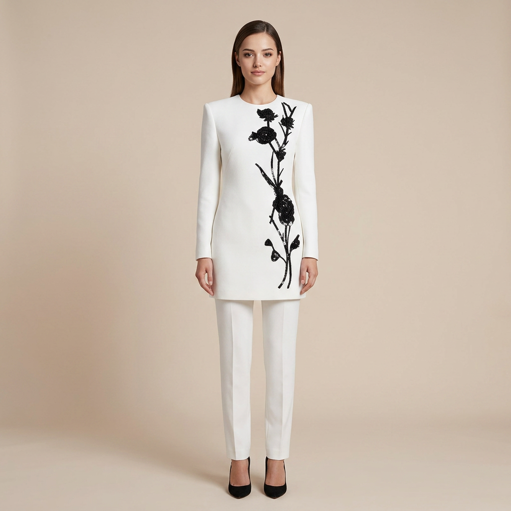 White Long Sleeve Mini Dress with 3D Floral Bead Embellishments for Cocktail Parties and Elegant Evenings Women