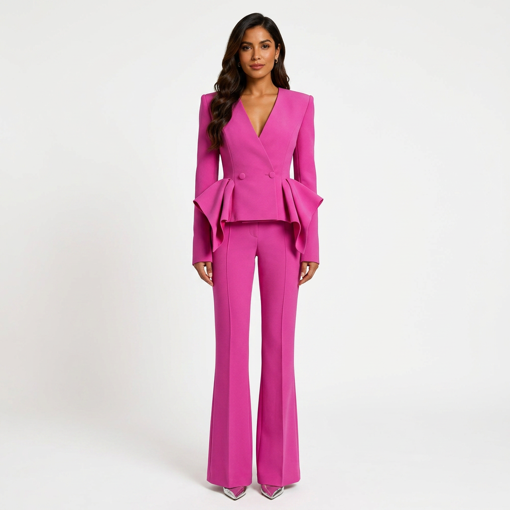 Ruffle Sleeve Tailored Blazer and Slightly Flared Pants Suit Set for Meetings Ready and Statement Elegance Women
