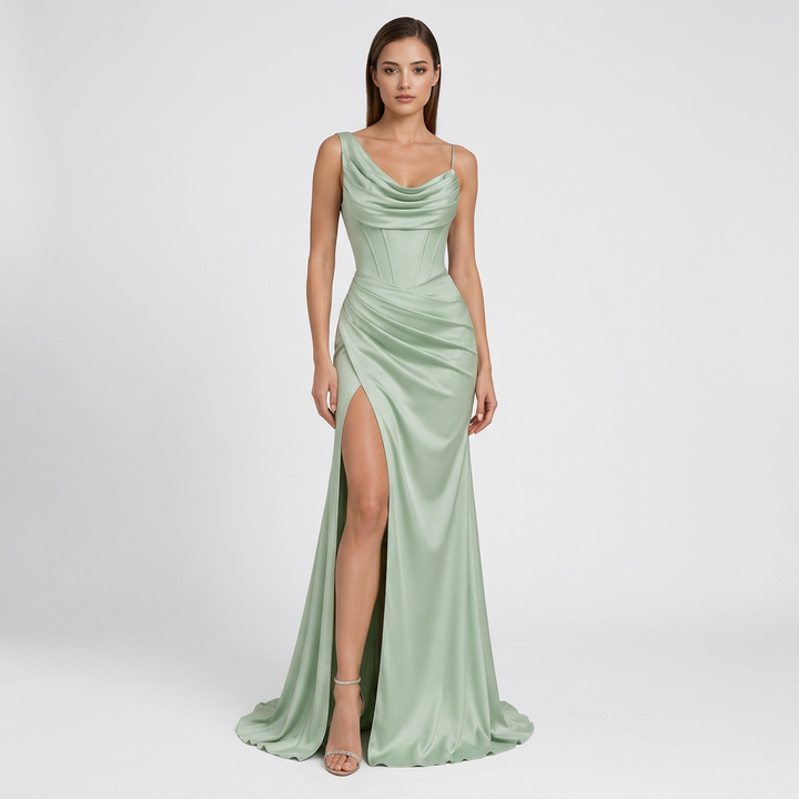 Sage Green Asymmetrical Draped Corset High-Slit Satin Mermaid Evening Gown