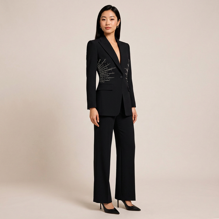 Sparkling Rhinestone Waist Blazer and Wide Leg Pants Set for Friday Night Vibes Women-Vyana Collective
