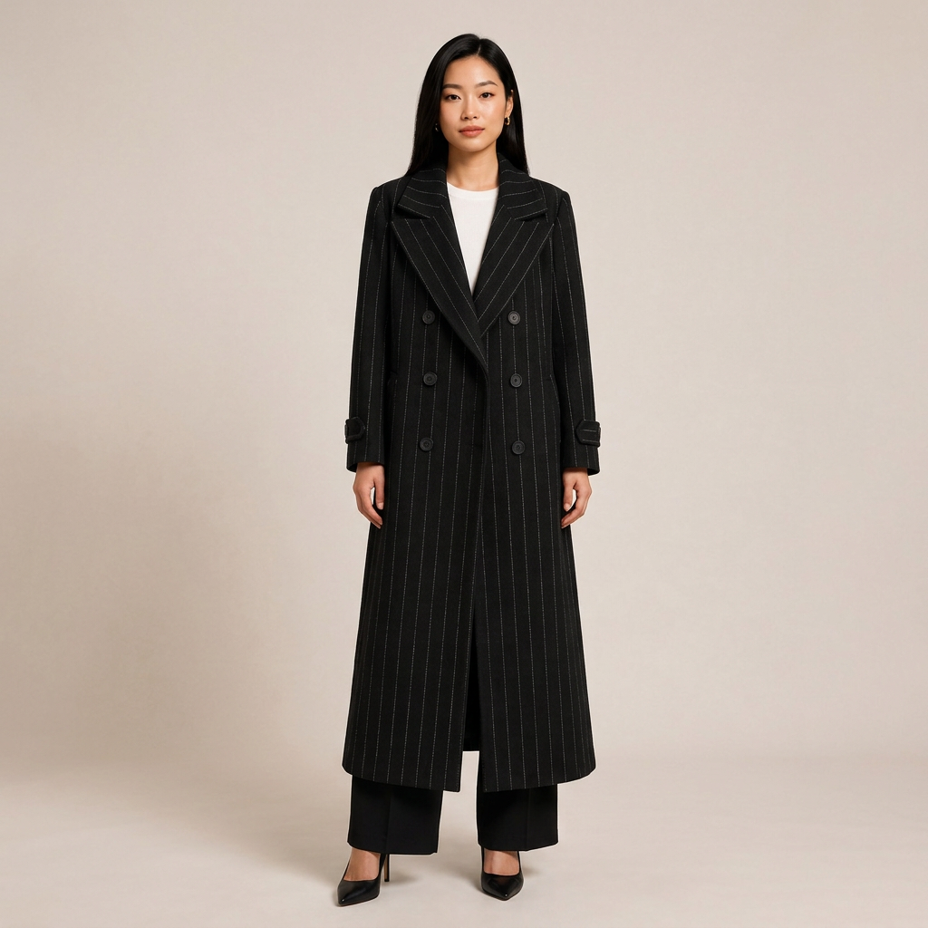 Pinstripe Oversized Double-Breasted Long Wool-Blend Coat