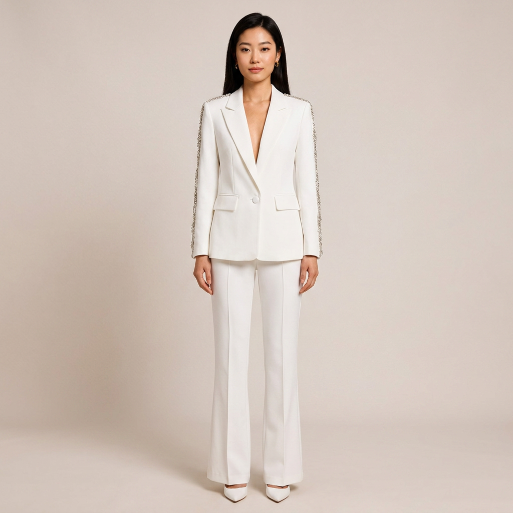 Crystal Trim Blazer and Flared Pants Suit Set for Executive Office Style Women
