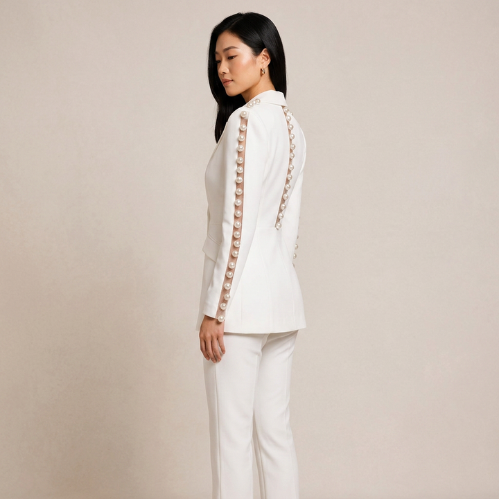 White Pearl Sleeve Blazer and Wide Leg Pants Set for Meetings and Executive Elegance Women