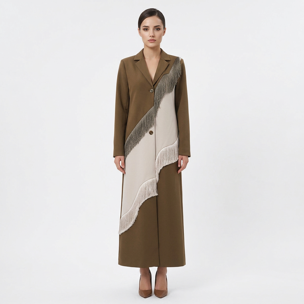 Brown Color Block Fringe Maxi Blazer Coat-Vyana Collective