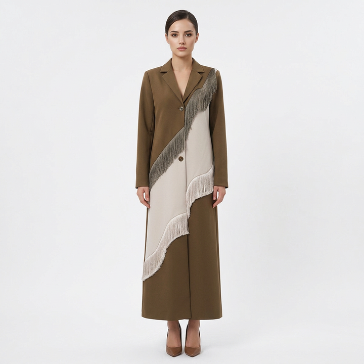 Brown Color Block Fringe Maxi Blazer Coat-Vyana Collective