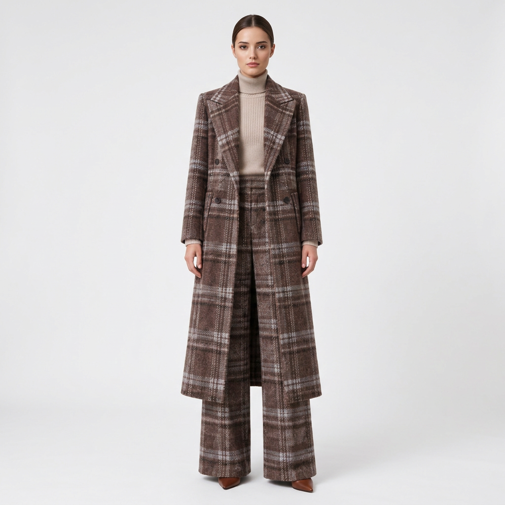 Brown Plaid Wool-Blend Long Coat &amp; Wide-Leg Pants Set