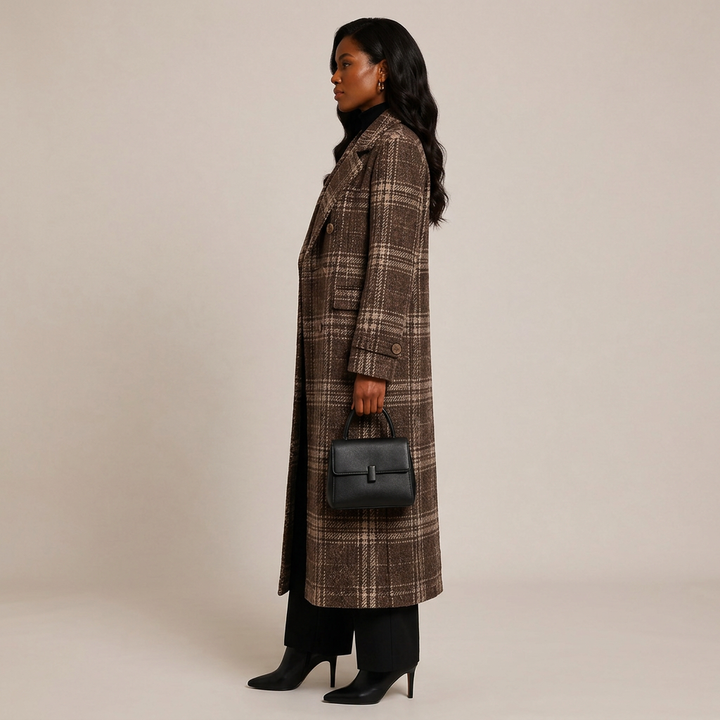 Plaid Oversized Double-Breasted Long Wool-Blend Coat