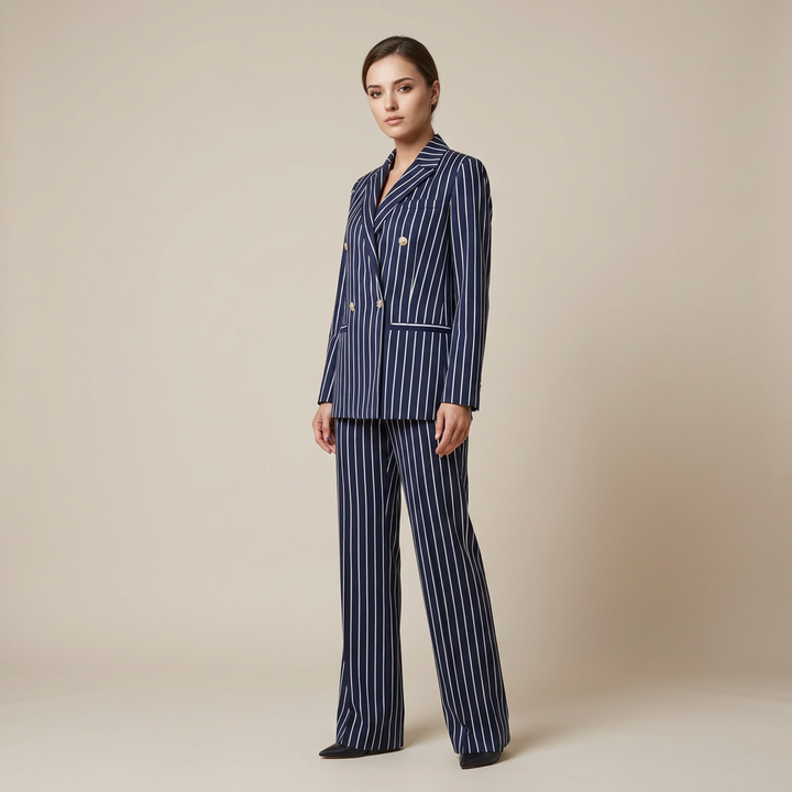 Navy Pinstripe Three Piece Blazer, Vest and Wide Leg Pants Set for Meetings Ready and Executive Elegance Women