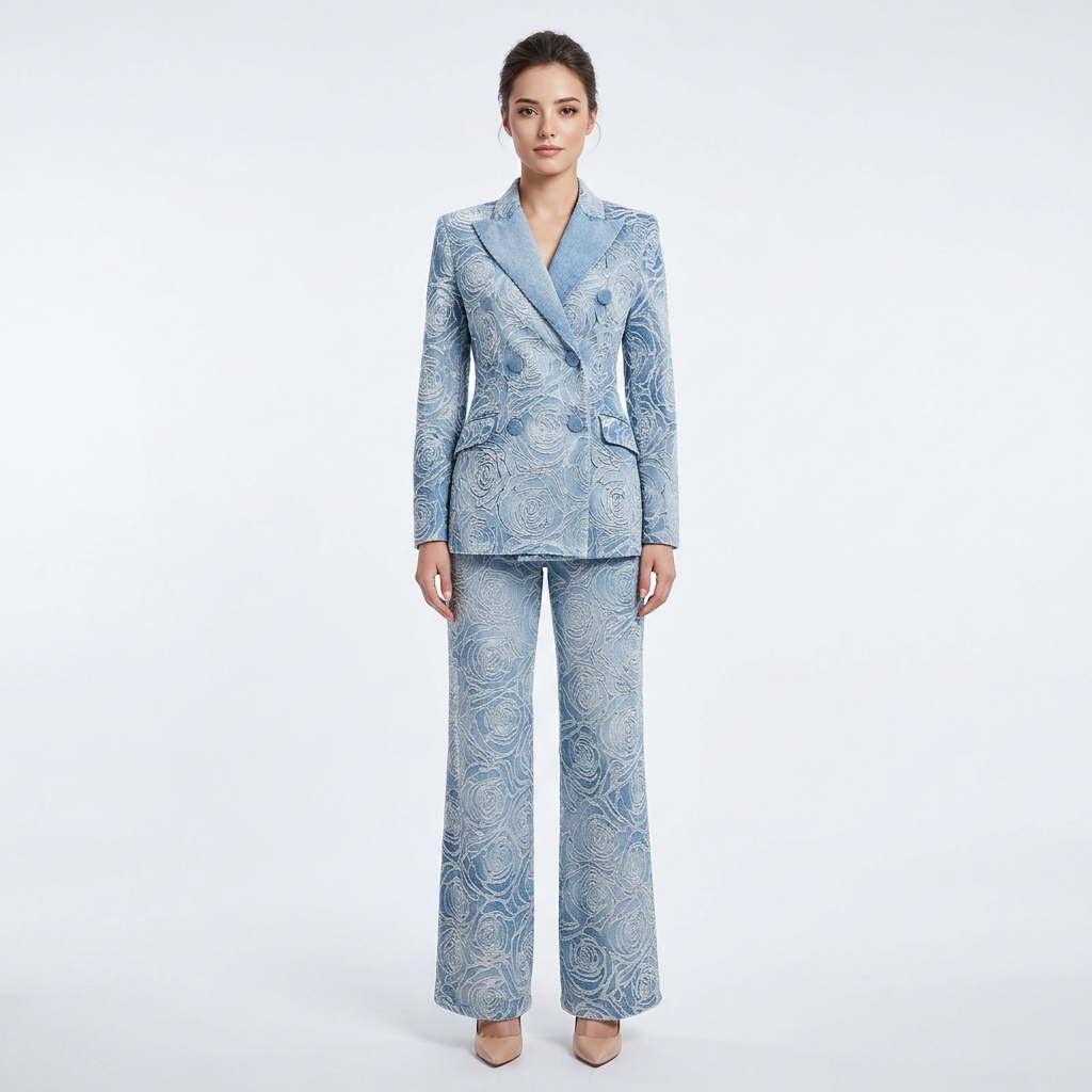 Blue Floral Jacquard Double Breasted Blazer and Wide Leg Pants Set for Executive Elegance Women