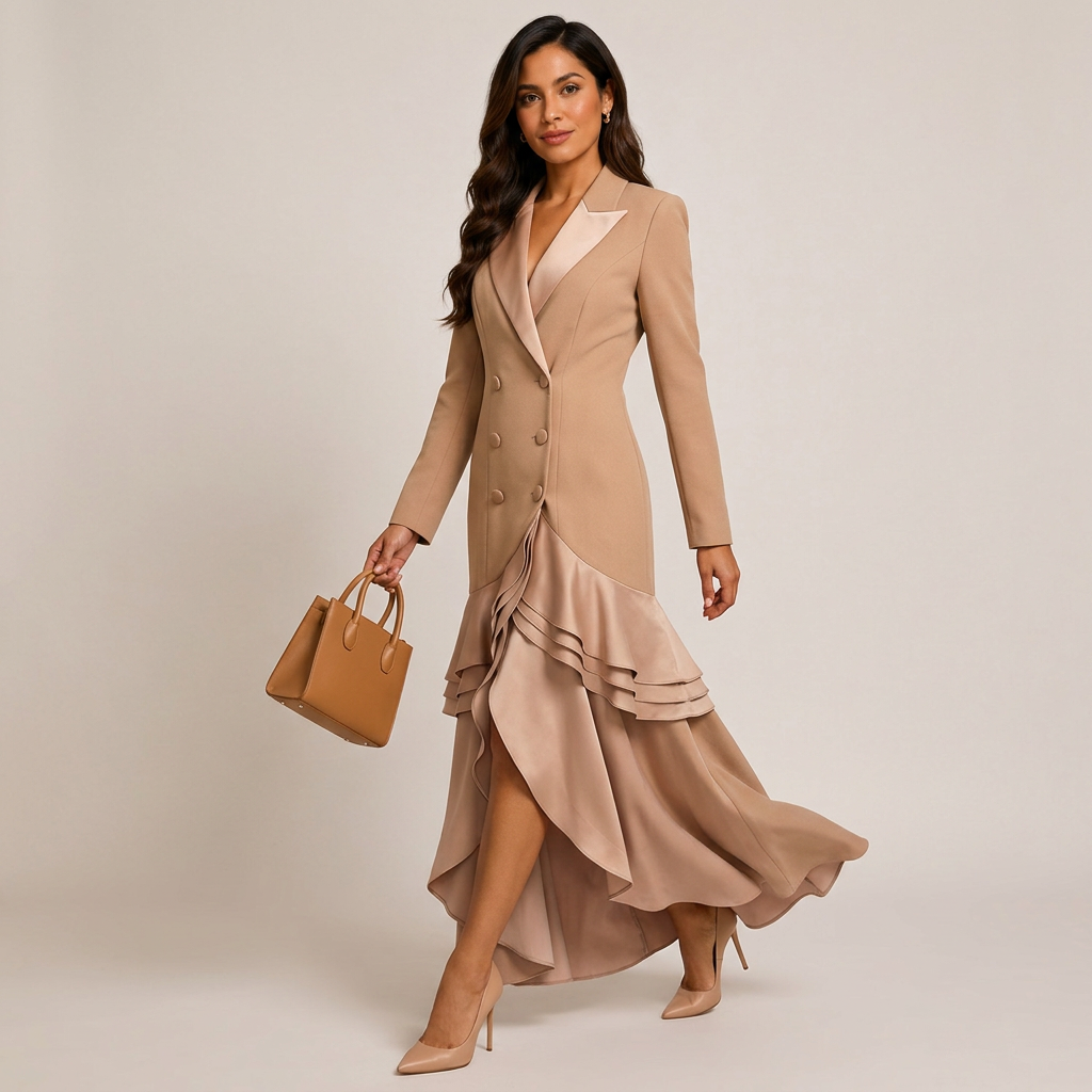 Khaki Satin Ruffle Double-Breasted Blazer Maxi Evening Gown