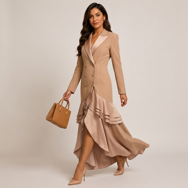 Khaki Satin Ruffle Double-Breasted Blazer Maxi Evening Gown