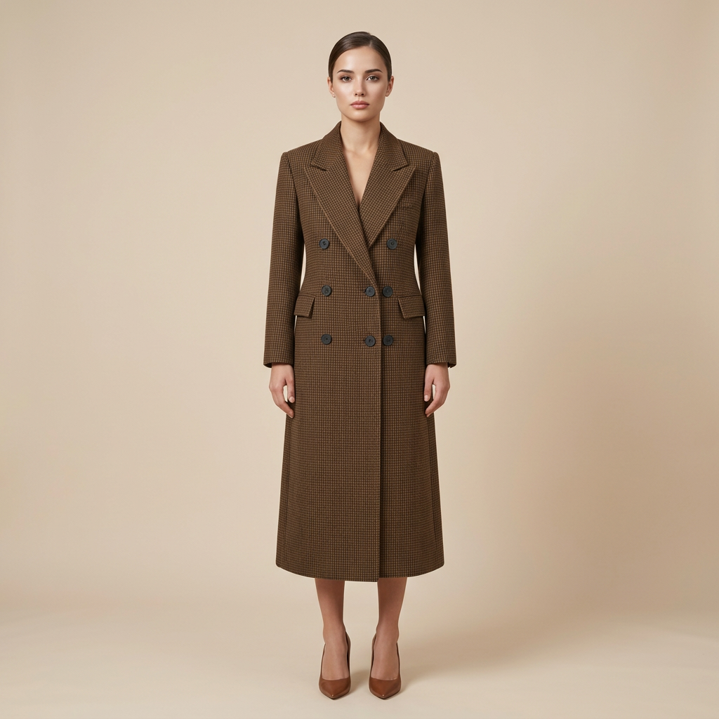 Houndstooth Structured Double-Breasted Long Wool-Blend Coat